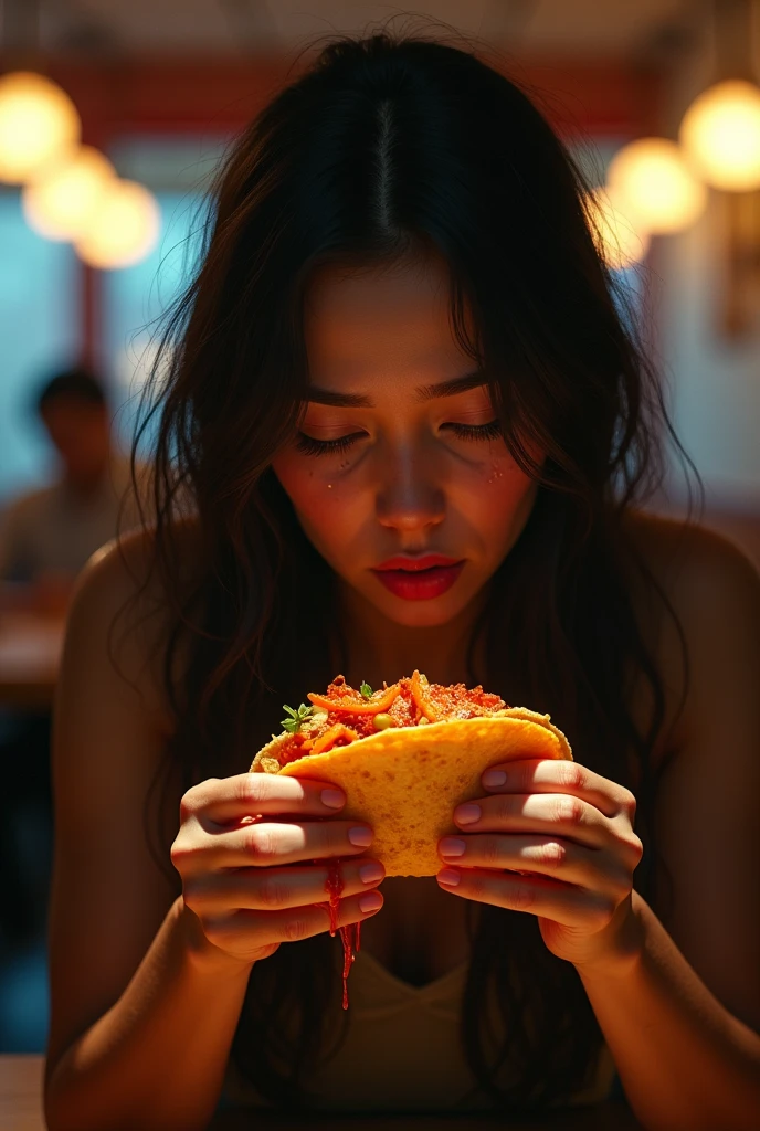 The crying woman eating tacos with spicy sauce