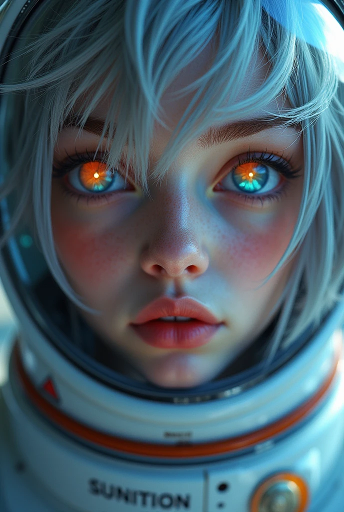 (Close-up of a better masterpiece:1.5)0.9], (Space and astronauts:1.2) (Messy silver hair:1.1) (Heterochromia xanthochromia and blue eyes:1.2) (Space Helmet:1.0) (Colored stars in the eyes:1.0) (A radiant glow:1.1) (thick lips:0.9)