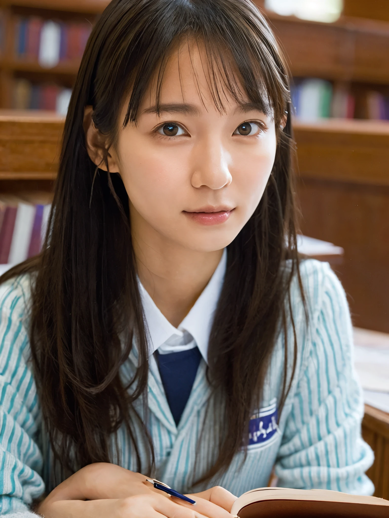 One Girl, (beautiful girl, Delicate girl:1.3), (14 years old:1.3),
break, (Uniform Costume:1.3),
break, (Sitting in the library:1.2),
break, Very beautiful eyes, (Symmetrical eyes:1.3),
break, Small breasts, Brown eyes, Parted bangs, Brown Hair, (Upper teeth, The best smile:0.2),
break, (Eye and facial details:1.0),
break, (masterpiece, Highest quality, Very detailed, Detailed face, 8k)