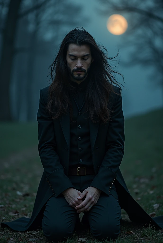 Beautiful long hair man, preying on knees at night, social clothes, low bear , front view