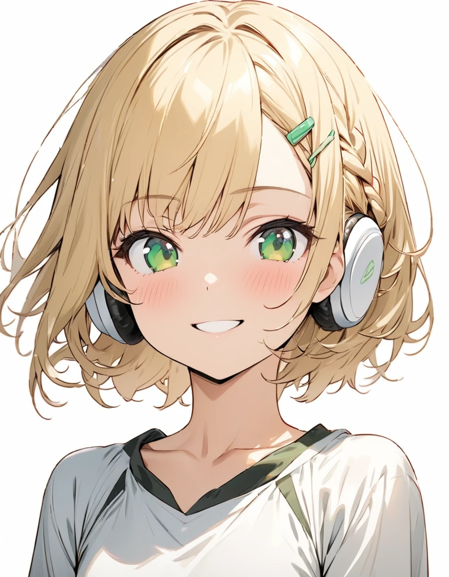 ((ultra-detailed))/one women, short blonde hair and bob hair.、beautiful green eyes、a braid, I tied my hair in a bun with a hair clip..、smile、gentle smile on her face、flat chest, one Beautiful girl,((masterpiece, illustration, best quality) ((ultra-detailed))/solid white background,blank background, while wearing wireless white headphones, full upper body