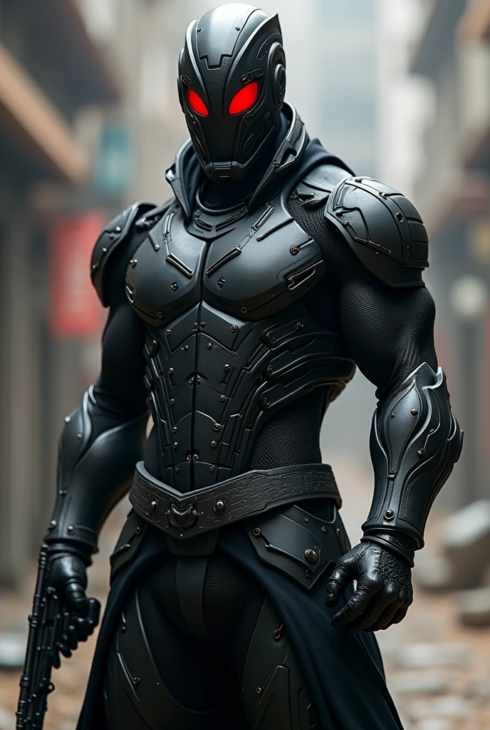 name: John Salles "Arcanus"
kor: 30 Years Superpower: Weapons Handling, High Qi, Apex of the Human Being, martial arts.
weaponry: Any firearm, magic bracelets.
A highly technological suit, Black with gray details and a mask with imposing red eyes With a gun in his hand