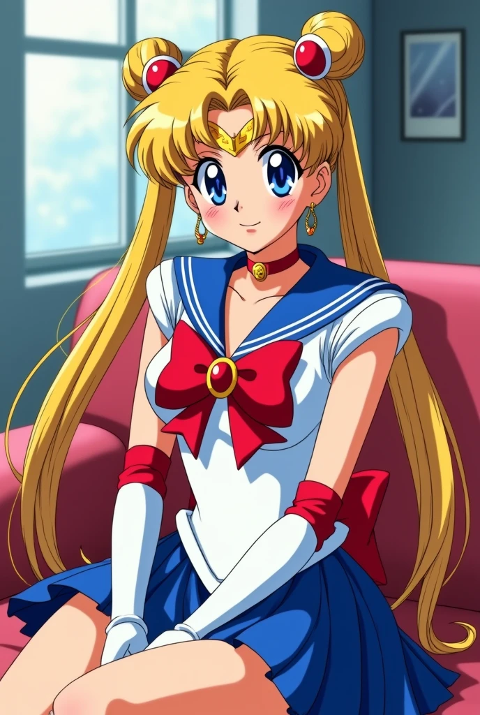 (masterpiece),(sailor moon) (risograph) best quality, full-body shot, expressive eyes, perfect face, medium breast, good breast, beautiful, gorgeous ,sitting on a couch, blonde, medium shot, indoors, lab, cleavage, aausagi, double bun, twintails, parted bangs, circlet, jewelry, earrings, choker, red bow, white gloves, elbow gloves, blue skirt, feminine, blushing,
