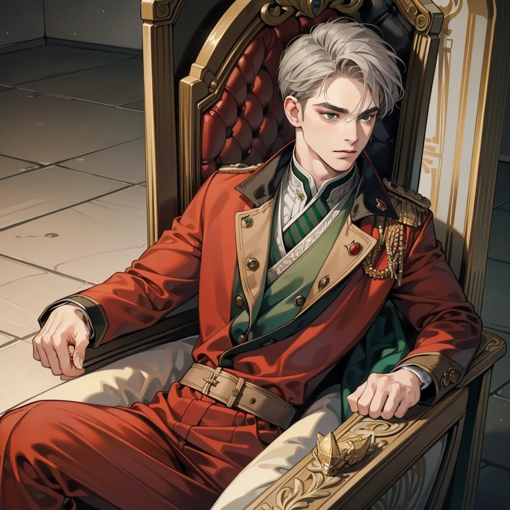 masterpiece, best quality, realistic, 1man, mature male, quiet and charming young man, 18 years old, a smirk, closed mouth, portrait, extremely detailed face, a little distant, ((dark green eyes)), ((short-side-swept sandy grey hair)), [thick eyebrows], royal throne, ((red suit)