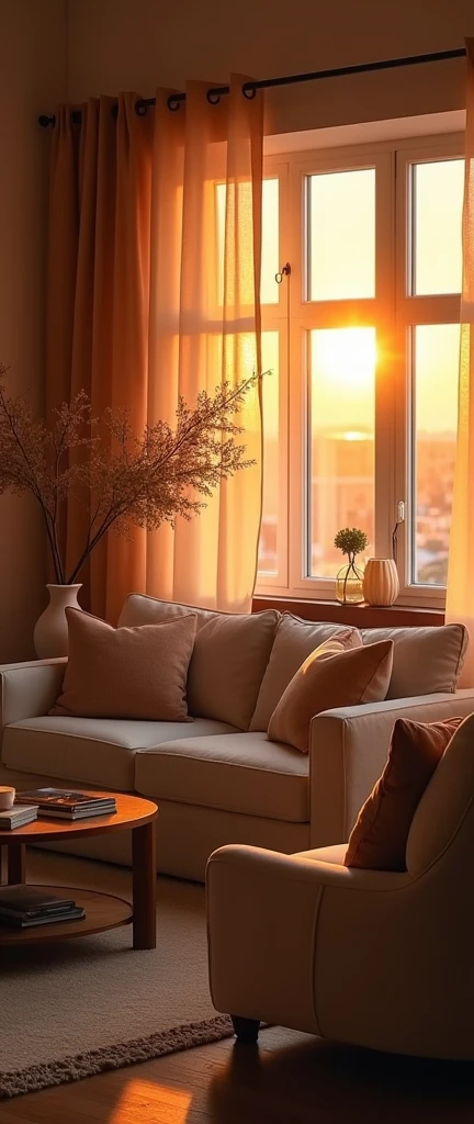 As the sun goes down, The warm light of the evening filters through the windows, transforming the interior of the house into an oasis of tranquility and comfort. The golden rays of the sun enter gently, creating patterns of light and shadow on walls and floors, that seem to breathe life into the environment.

The warm tones of the sunset enhance the soft and cozy colors of the interior decoration. The furniture, in natural wood tones and warm fabrics, They are illuminated with a golden light that highlights their textures and details.. The curtains, falling slowly, are tinged with a soft orange glow, diffusing the light in a warm tone that envelops the room in a cozy atmosphere.

The furniture, from overstuffed armchairs to elegant coffee tables, becomes the focal point of an environment that invites relaxation and conversation. The lamps, still off, add a touch of elegance to the environment, waiting to light up once the sun has gone down.

Long shadows cast by furniture create a sense of depth and dimension, making the space feel bigger and more welcoming. The flowers in the vases and the photographs on the walls seem to come to life under the soft light., bringing a personal and warm touch to the decoration.

In this setting illuminated by the sunset, the house becomes a haven of peace, where every corner invites you to relax and enjoy the comfort and serenity of home. 4k FULL HD fully defined and well detailed

