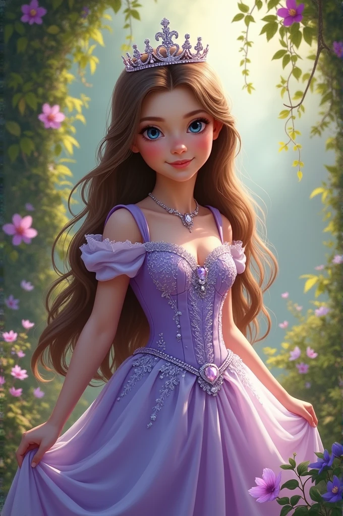 Girl with brown hair, White skin, blue eyes, She has a light purple princess dress and a crown 