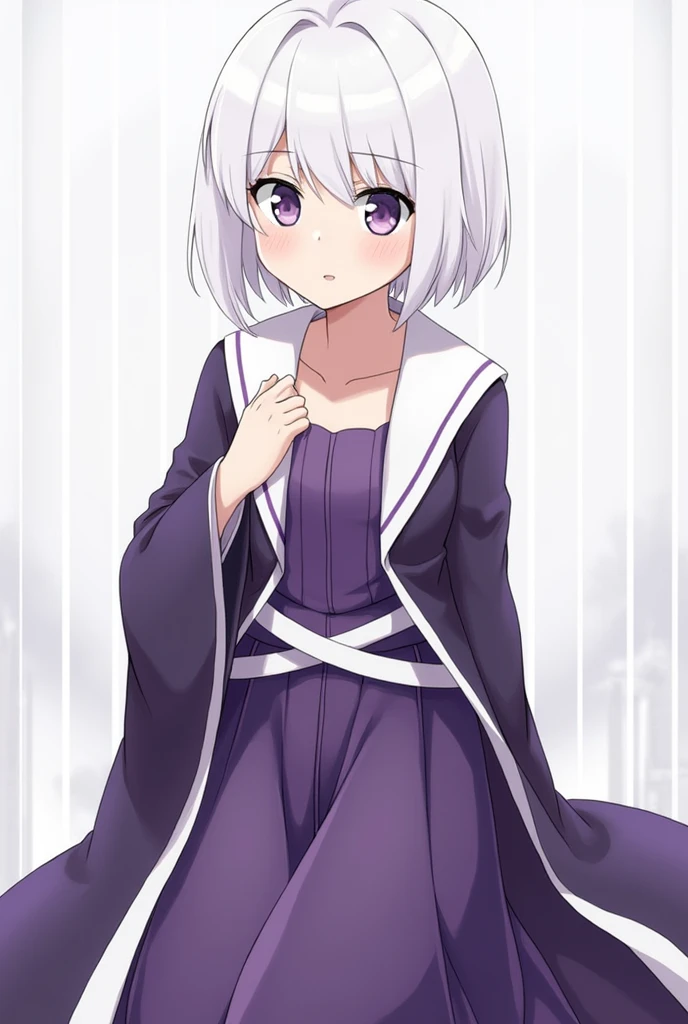 Garota de Kimetsu no Yaiba, with the uniform open at the top like Mitsuri but with a long skirt, white hair and purple eyes