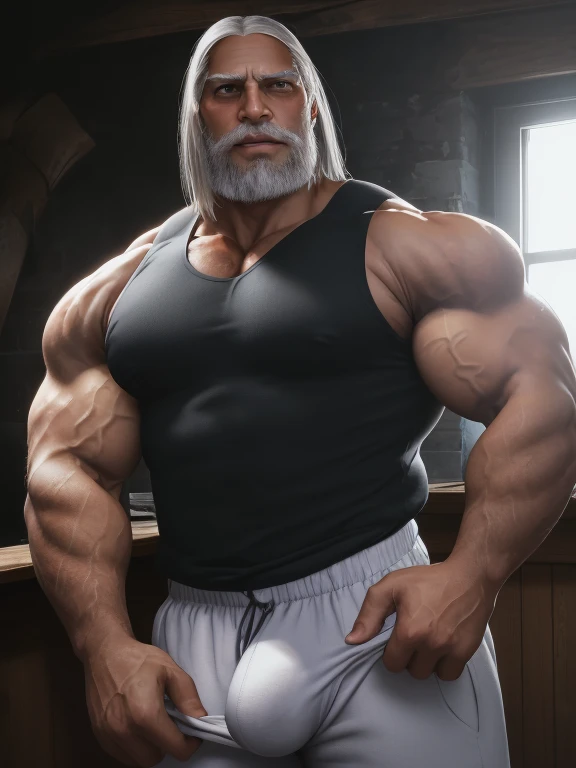 An award-winning original photo，A wild muscular man, JP, wrinkles, tall and burly, long grey hair, tank top, (brown skin color), ((very dark skin)), (black skin), (80 years old daddy:1.1), 1boy, Solo, (big shoulders, musculature, stubbles, grey beard, Beautiful eyes:1.3, ), (chengjianbin:1), (weizhenrong:1), (Detailed face:1.3), Dynamic Angle, dramatic pose, voluminetric lighting, (Best quality, A high resolution, Photorealistic), Cinematic lighting, Masterpiece, RAW photo, Intricate details, hdr, detailed speedo, big underwear bulge, Old man, JP, An award-winning original photo, ( brown skin color), long gray hair, full white beard, A wild muscular old man, (80 years old daddy:1.1), 1boy, Solo, (tanktop), (big shoulders), musculature, stubbles, dark skin, long grey hair, thick grey beard, Detailed face, (evil smile), blue eyes, veins, wrinkles, big old man nose, nose with pronounced bridge and outward curve that protrudes from the base of the nose, dark olive skin color, brown skin, veins, absurdly huge nose, hawk nose, convex nose, well groomed moustache, (flexing his biceps), Dynamic Angle, volumetric lighting, (Best quality, A high resolution, Photorealistic), Cinematic lighting, Masterpiece, RAW photo, Intricate details, hdr, upper body shot, big crotch, crotch apron, balls outline, big bulge, foreskin,  

