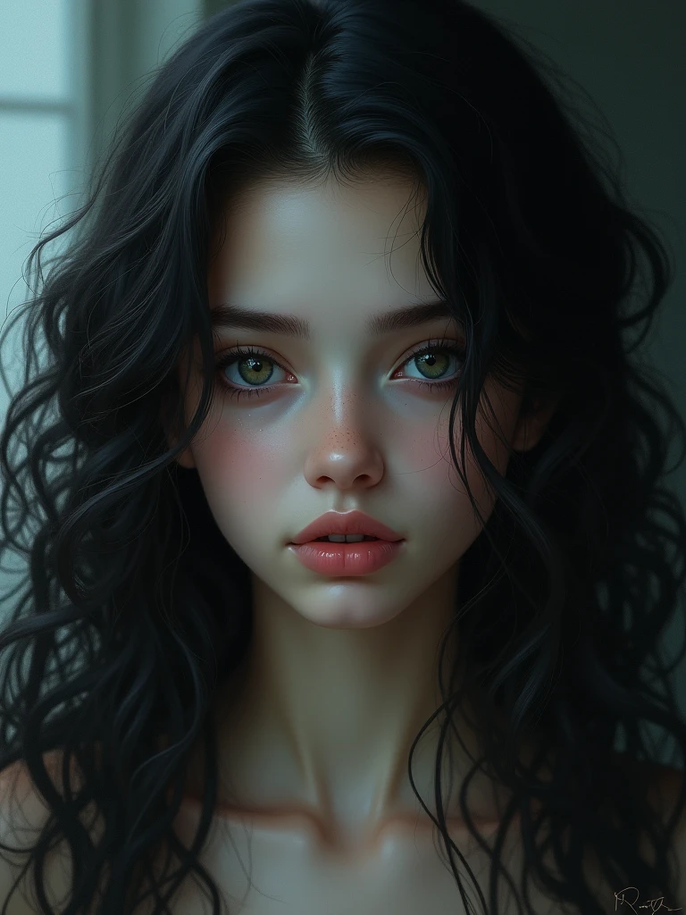 girl with black curly hair,beautiful ,has demon gaze.masterpiece