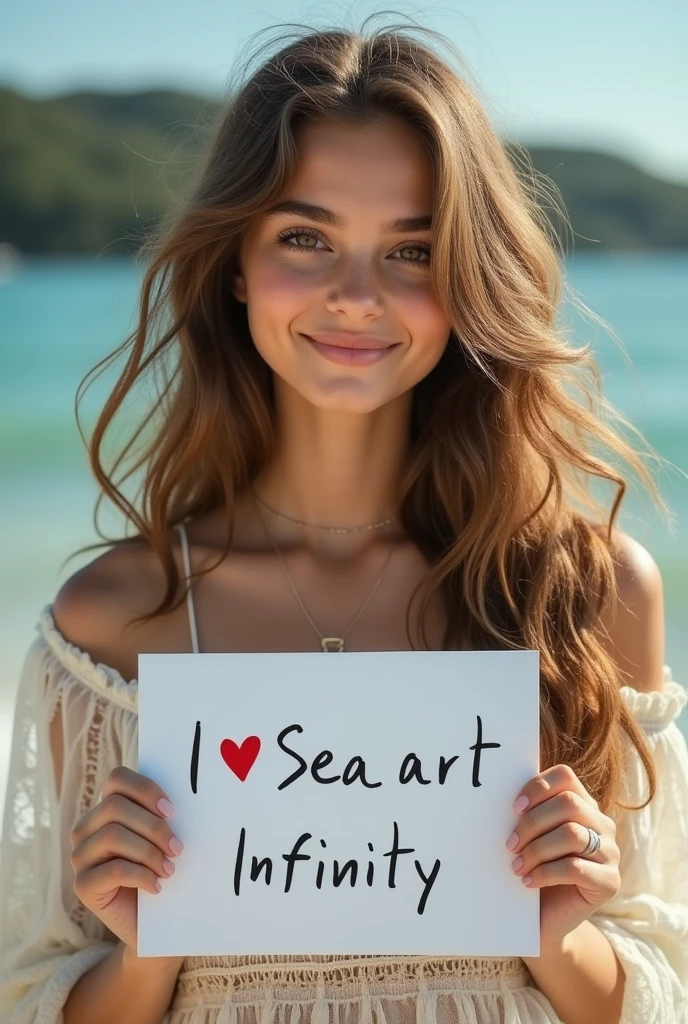 Beautiful girl with wavy long hair, bohemian dress, holding a white board with text "I Love Seaart Infinity" and showing it to the viewer