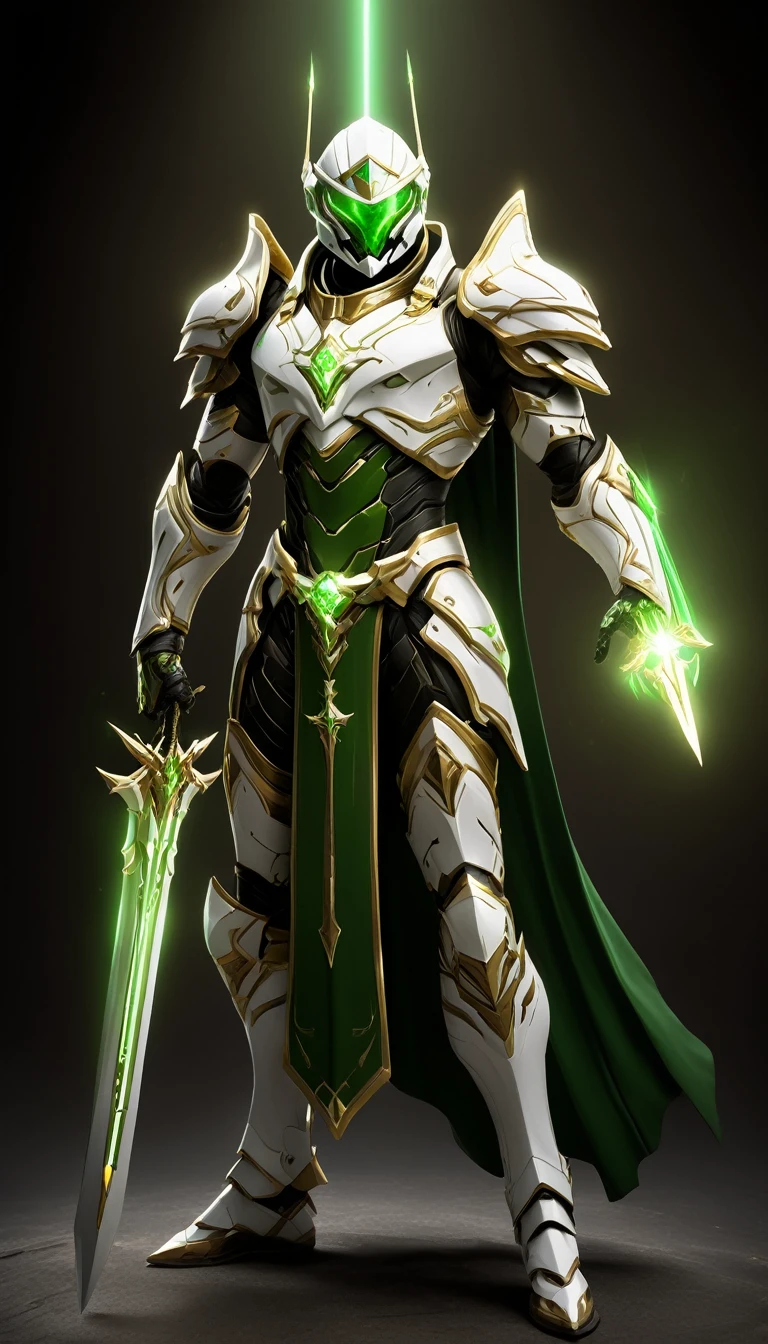 Masterpieces, slender male, Holy white Knight, (white armor) Action style shot, (no undercloth), Glowing Green colored (Christian Cross) on breastplate, (Battle Priest in a warframe and halo style armor wielding a sword with radiant green light, emanating potent green light magic.), (green half cape), (action shot: hefting a sword), (white, green and gold color scheme), (5 green gems on belt), (green magic effects), white and green tabard (solid gold color background), (gold magic background effects), centered, full body shot fighting, sci-fi knight, Halo master chief, vibrant colors, visible figure joints, cinematic shot, volumetric lighting, intricate pattern detail, highly detailed