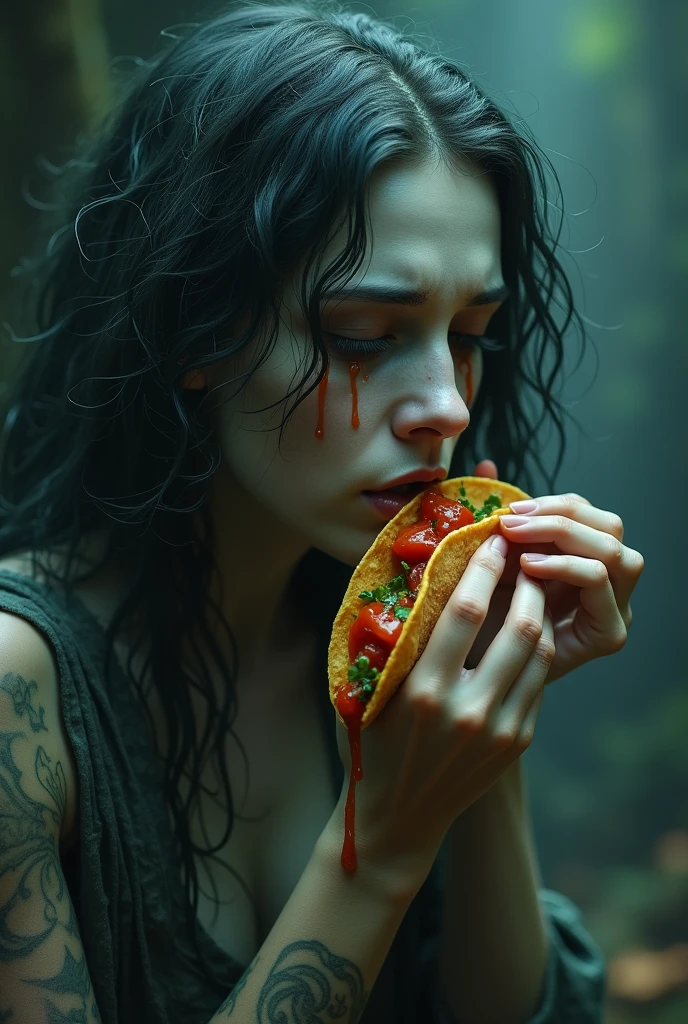 The legend of the crying woman eating tacos with spicy sauce