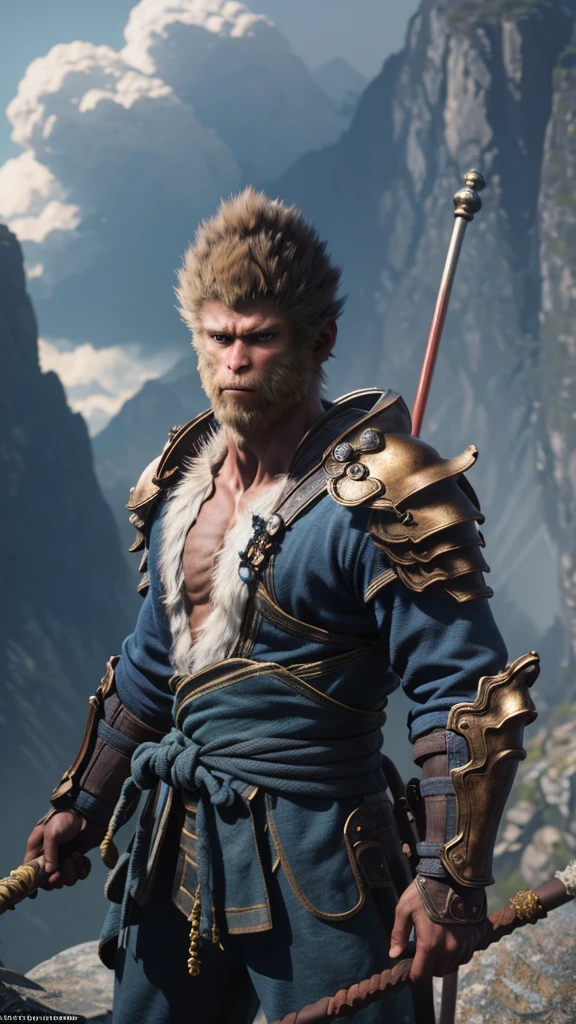 best quality，Very detailed，masterpiece，illustration，wukong（black myth），A boy stands alone on the peak of a rugged mountain range，Male focus，Firm expression，Glowing and delicate eyes，Shadowed side，Wearing a fur chest、armor、Blue clothes、Scapula，Holding a golden staff，Make the Swinging Golden Staff、Looking into the distance，There is sunshine around、cloud，Unreal Engine，8 thousand，Super Detail，Close-up，Movie-level lighting