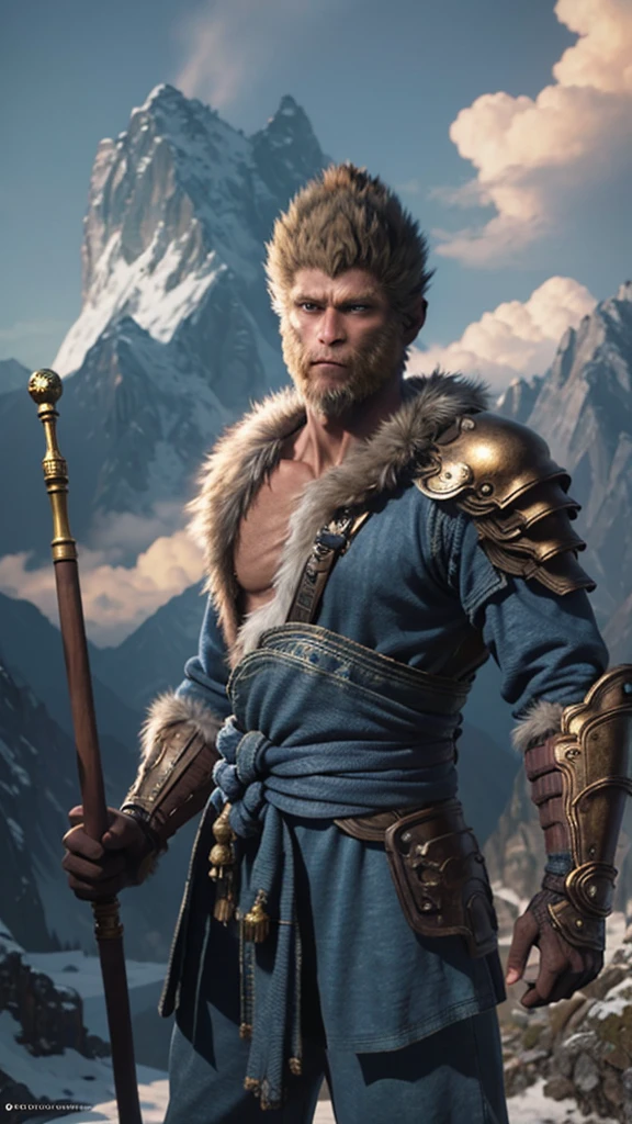 best quality，Very detailed，masterpiece，illustration，wukong（black myth），A boy stands alone on the peak of a rugged mountain range，Male focus，Firm expression，Glowing and delicate eyes，Shadowed side，Wearing a fur chest、armor、Blue clothes、Scapula，Holding a golden staff，Make the Swinging Golden Staff、Looking into the distance，There is sunshine around、cloud，Unreal Engine，8 thousand，Super Detail，Close-up，Movie-level lighting
