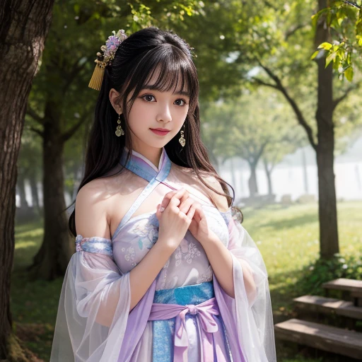 best quality, Delicate face，beautiful visual work, lifelike, eternity, black hair, Long curly hair, blunt bangs, Smile, Detailed Background, Delicate face，blush，cold，((masterpiece))、(top quality)、8k、high detail、Super detailed，31-year-old female，Wearing Tang Dynasty Hanfu、waist skirt, Clothes are light and fluffy，Hanfu, wide sleeves, Transparent sleeves, Long sleeve, Tunic, Clothes made of chiffon, masterpiece、born、Scenes resembling fairy tale illustrations、Intricate details and complex designs、Beautifully、magic、capricious、 Beautifully、Dream aesthetics、「𝓡𝓸𝓶𝓪𝓷𝓽𝓲𝓬、ethereal、charming、fickle、magic」、Realism、Visual effects、FXAA、SSAO、Shaders、voiceless、ambient lighting、Tone mapping、High resolution、Ultra high quality、Million pixels、(8K resolution:1.10)、8k、Below 8K、8K resolution、high detail、intricate details， (high quality:1.2、masterpiece:1.2、:1.21)、(31-year-old female:1.21)、(Smile excitedly)、(Surrounded by a dream-like atmosphere、Model diagram，full-body shot，Normal 2 feet，Put your hands behind you，The protrusion of the breast is visible when wearing clothes, Large Breasts, H cup chest, antiquity, Xian Xia, gauze clothes, Soft and fluttering, Fairy, dream, fantasy, light, elegant, nature, Immortal, romantic, classical, ribbon, light purple clothes，In the forest，tulle blouse