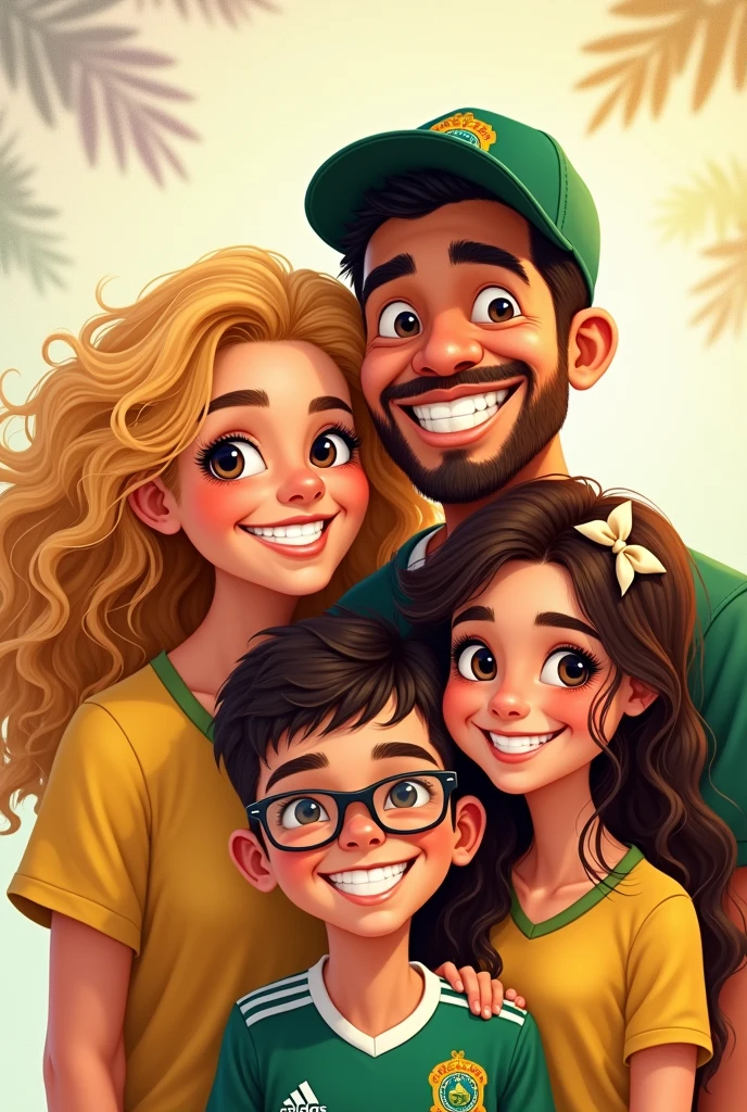 A drawing of a family of 4 all smiling, the blonde mother with curly hair, the father with a cap and a Palmeiras shirt, the son short dark hair and glasses, and the youngest daughter with long curly brown hair with a bow, Disney style