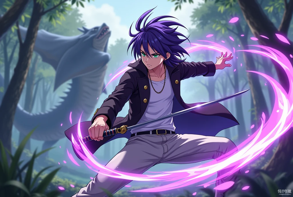A Genshin impact character, that is average looking, purple hair, mullet haircut, green eyes, soft face but fierce, black overcoat with white pants and tshirt, about 187cm, in a scenery in the woods, where he showcases a three mana circle with purple lightning power on his back and holding a katana sword in his left hand and is swinging it to fight the dragon in the background, it is anime style, make it to show his full body and his mana circle