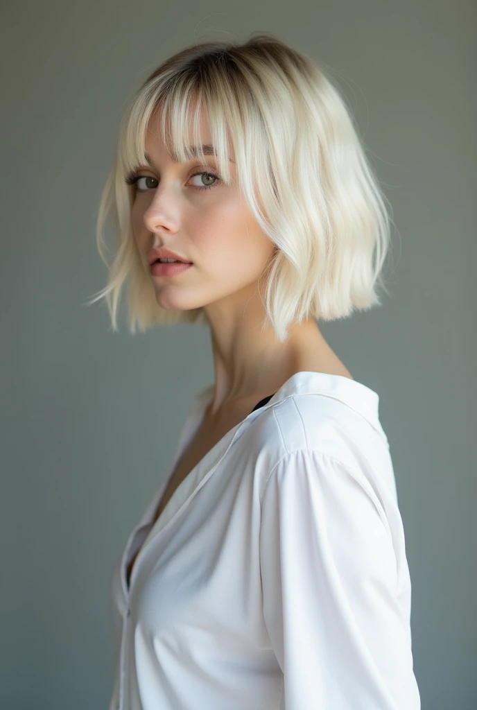 Photo seen from the side,(8k, RAW photo, best quality, masterpiece:1.2),natural lighting,small breast,(real human skin,finely detailed skin:1,4),upper body photo,((superstraight shortbob hair,bleach hair,transparent bangs:1,6)),white shirt,