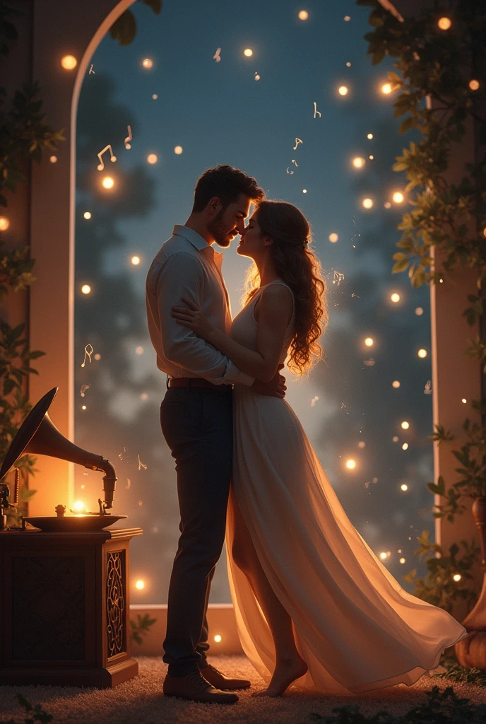 To generate an image that represents "true love with music," you might visualize a romantic scene where a couple is sharing a moment with music playing a central role. For example, imagine a couple dancing together under a starlit sky with musical notes floating around them, or perhaps they are sharing a quiet moment with a vintage record player and a cozy ambiance. The music could be symbolized by notes, instruments, or even a heart-shaped rhythm.