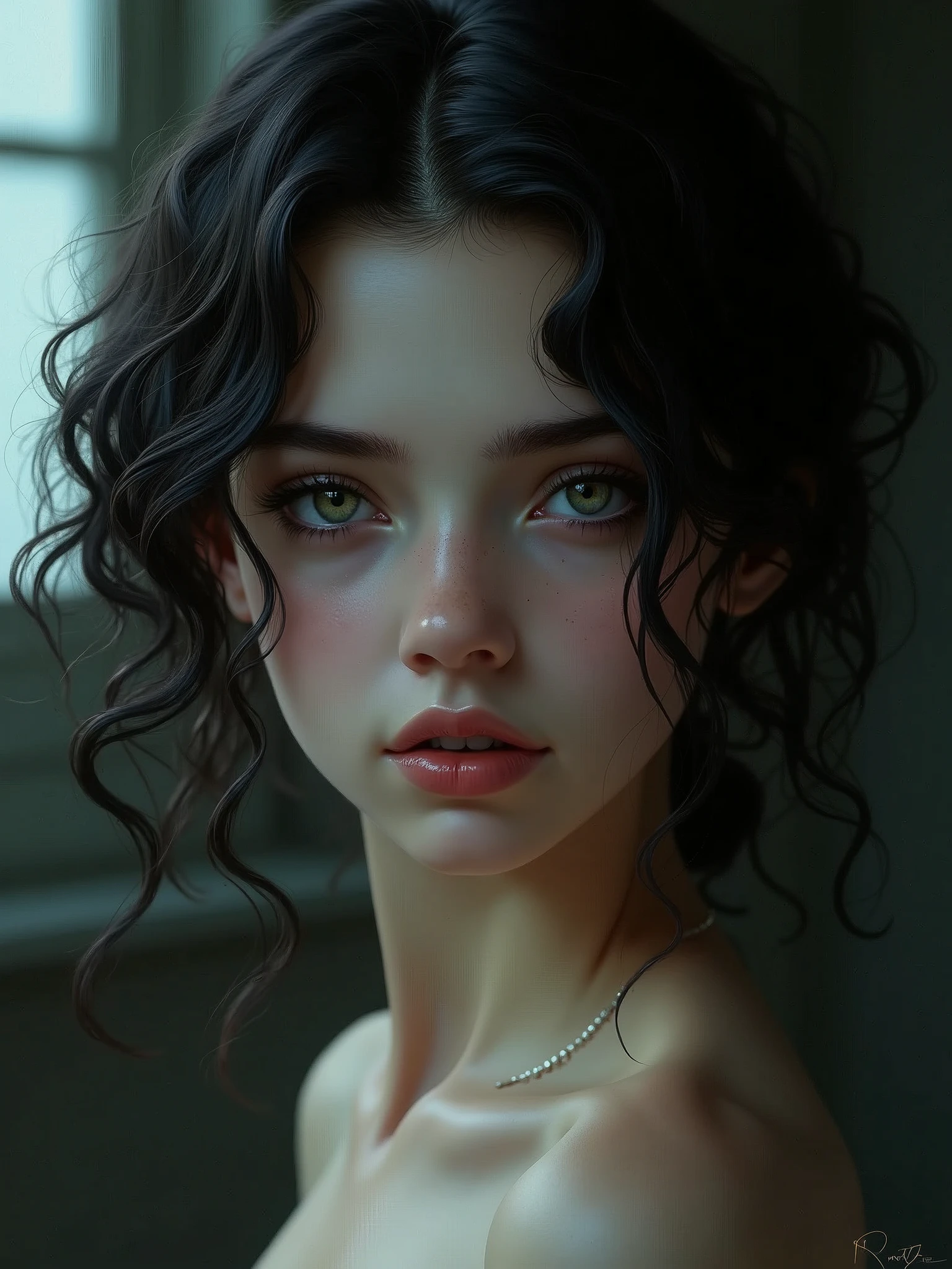 girl with black curly hair,beautiful ,has demon gaze.masterpiece