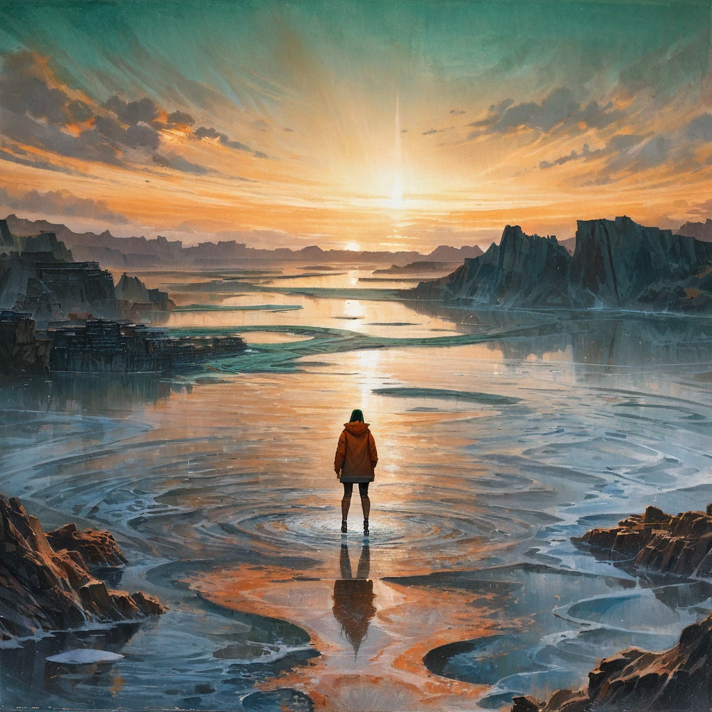 (best quality, irritability ,aesthetic,absurdres),select and generate best screen effect,((1girl,long-deepgreen-hair,green-eyes,orange-hooded-jacket)),,,1boy,(traditional media),realistic,(salar_de_uyuni:1.5),reflective water,standing on liquid,water world,horizon,wide shot,muscular,,