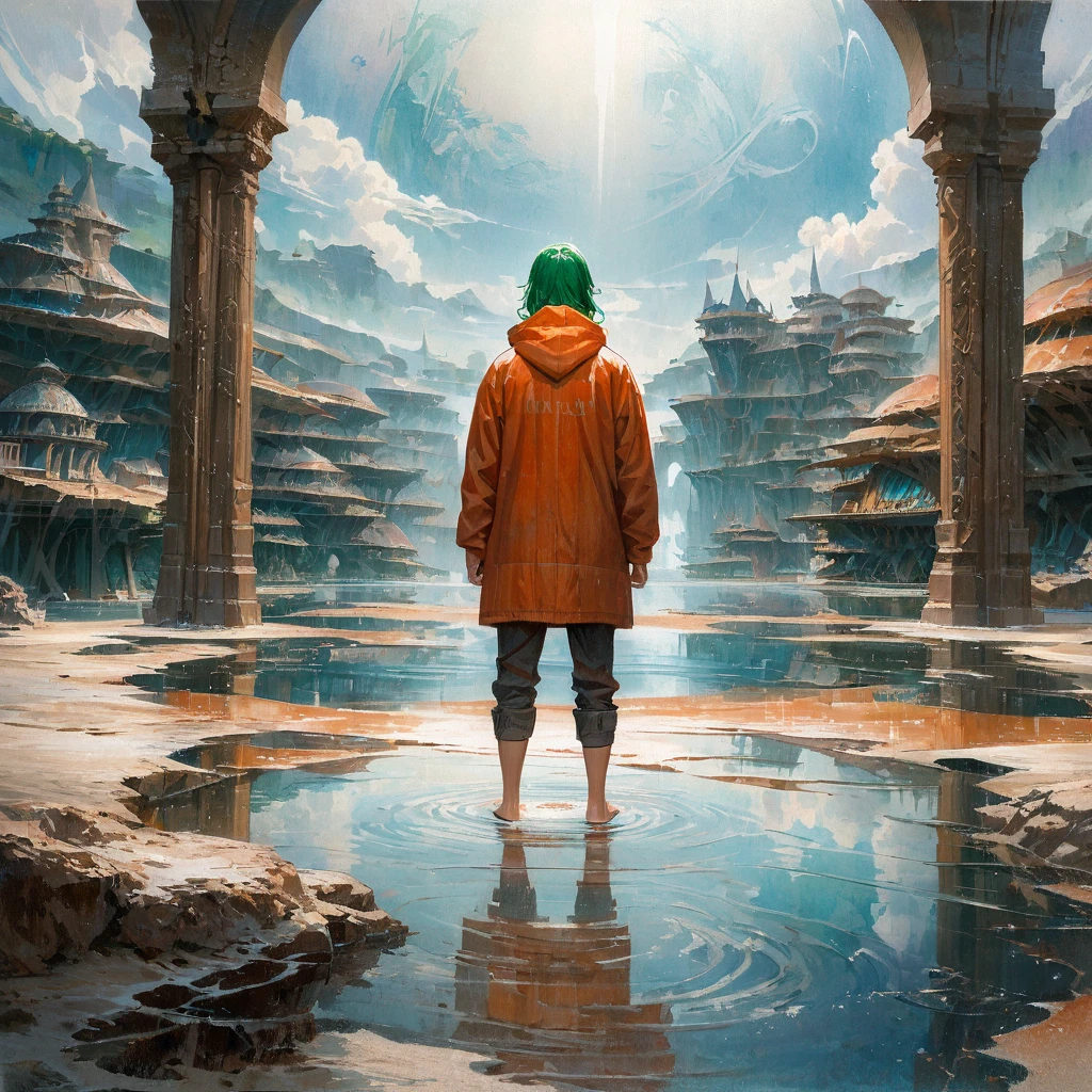 (best quality, irritability ,aesthetic,absurdres),select and generate best screen effect,((1girl,long-deepgreen-hair,green-eyes,orange-hooded-jacket)),,,1boy,(traditional media),realistic,(salar_de_uyuni:1.5),reflective water,standing on liquid,water world,horizon,wide shot,muscular,,