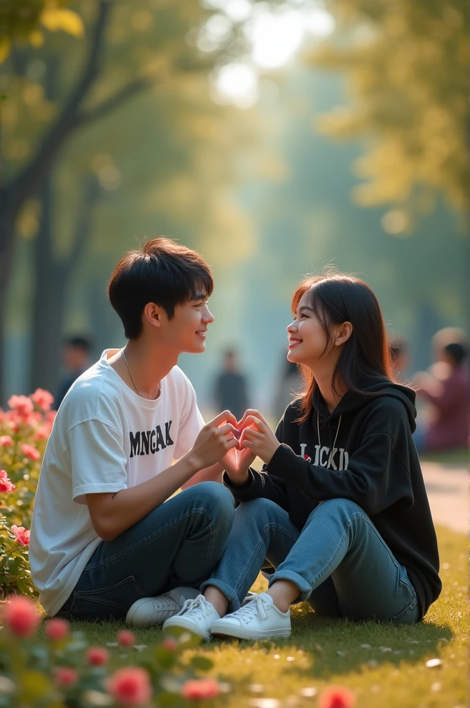 Pasangan berusia 17 tahun duduk di taman yang beautiful dengan pose bergaya Dan Membuat hati dengan tangan Anda, eye contact with each other. handsome white-skinned young man wearing a white shirt with the name &quot;MINGKAK&quot; written on it, girl wearing a black hoodie, with the name &quot;LIA&quot; written on the clothes and white shoes. they look beautiful, tiny, beautiful, smile, necklace, happy, sunglasses. Bunga-bunga beautiful di belakang, some couples sitting in the back. high quality 4k images, Full background thundering.