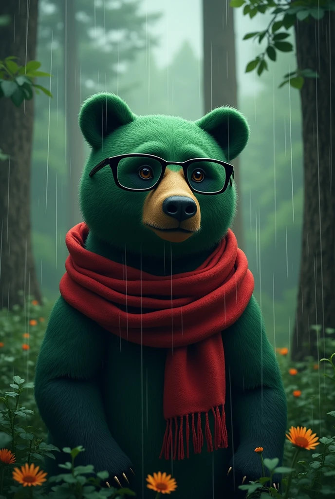A green bear wearing pitch-black glasses in a forest in the evening when it is raining It was big and it wore a red scarf.