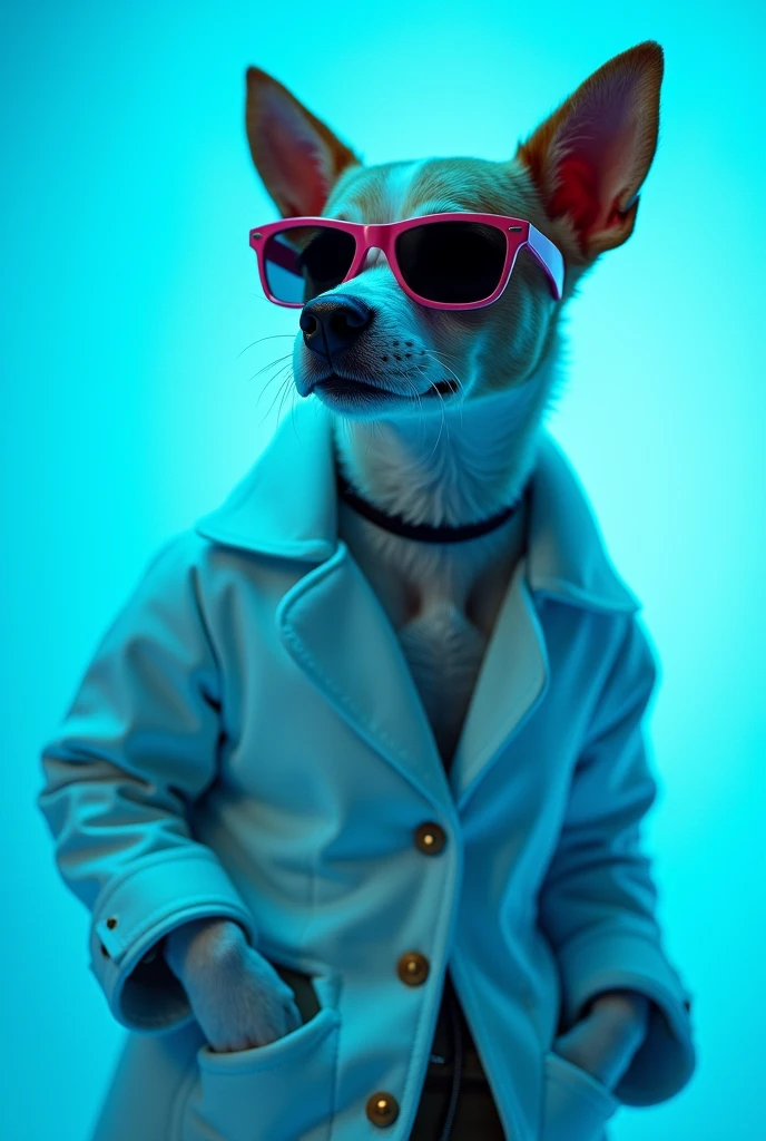 The best cell phone wallpaper, Award-Winning Wallpaper, portrait photography, In the front view is a portrait of a cute dog wearing mid-1960s space age fashion, Side view photo, Shot with Canon EOS R5, Set a strong contrast that accentuates the subject, Fluorescent blue tone, Wearing a very modern coat and sunglasses is a modern 1960s style, Clothes all in one color, beautiful background