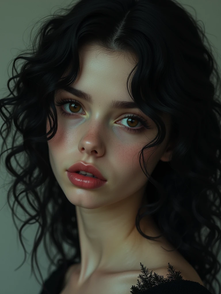 girl with black curly hair,beautiful ,has demon gaze.masterpiece