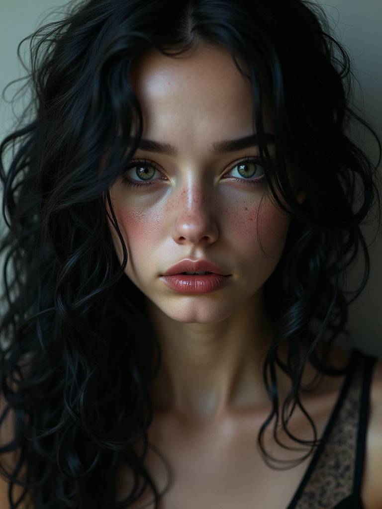 girl with black curly hair,beautiful ,has demon gaze.masterpiece