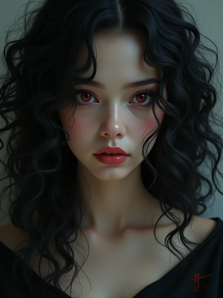 girl with black curly hair,beautiful ,has demon gaze.masterpiece
