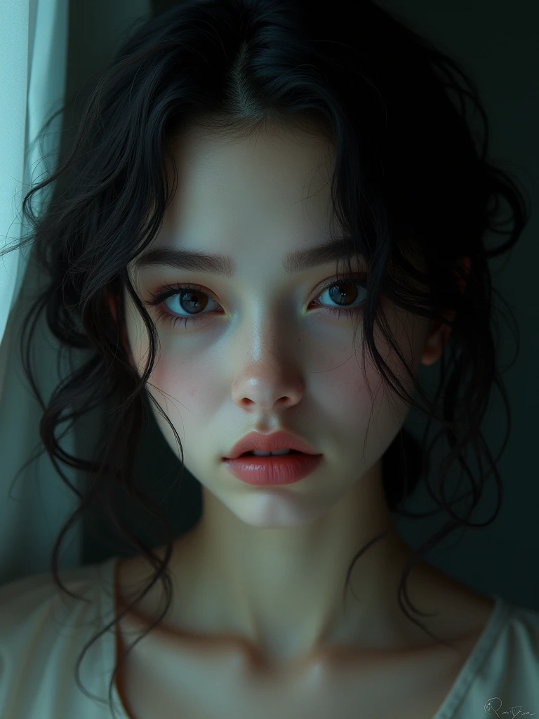 girl with black curly hair,beautiful ,has demon gaze.masterpiece