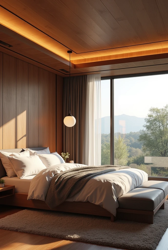 master piece bedroom, cozy, aesthetically pleasing, wooden theme, well organised room, perfect window view, hyper realistic, fhd 4k+