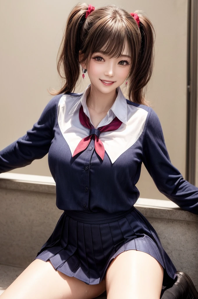 Kujikawa Def,Twin tails,school uniform,Seraph of the Black,Long sleeve,skirt,Knee socks,jewelry,Earrings,Straddle,
Highest quality, Very detailed, masterpiece, Absurd,8k,   photoRealistic, Realistic,Detailed skin texture,Detailed pupil,High resolution,Natural light,
One girl,alone,(Happy:1.1),(smile:1.2),short hair,Brown Hair,(Angular face:1.2),Shining Face,Large Breasts, Tight waist, Lip Makeup,Wet shirt,Spread your legs,