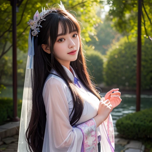 best quality, Delicate face，beautiful visual work, lifelike, eternity, black hair, Long curly hair, blunt bangs, Smile, Detailed Background, Delicate face，blush，cold，((masterpiece))、(top quality)、8k、high detail、Super detailed，31-year-old female，Wearing Tang Dynasty Hanfu、waist skirt, Clothes are light and fluffy，Hanfu, wide sleeves, Transparent sleeves, Long sleeve, Tunic, Clothes made of chiffon, masterpiece、born、Scenes resembling fairy tale illustrations、Intricate details and complex designs、Beautifully、magic、capricious、 Beautifully、Dream aesthetics、「𝓡𝓸𝓶𝓪𝓷𝓽𝓲𝓬、ethereal、charming、fickle、magic」、Realism、Visual effects、FXAA、SSAO、Shaders、voiceless、ambient lighting、Tone mapping、High resolution、Ultra high quality、Million pixels、(8K resolution:1.10)、8k、Below 8K、8K resolution、high detail、intricate details， (high quality:1.2、masterpiece:1.2、:1.21)、(31-year-old female:1.21)、(Smile excitedly)、(Surrounded by a dream-like atmosphere、Model diagram，full-body shot，Normal 2 feet，Put your hands behind you，The protrusion of the breast is visible when wearing clothes, Large Breasts, H cup chest, antiquity, Xian Xia, gauze clothes, Soft and fluttering, Fairy, dream, fantasy, light, elegant, nature, Immortal, romantic, classical, ribbon, light purple clothes，In the forest，tulle blouse