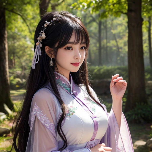 best quality, Delicate face，beautiful visual work, lifelike, eternity, black hair, Long curly hair, blunt bangs, Smile, Detailed Background, Delicate face，blush，cold，((masterpiece))、(top quality)、8k、high detail、Super detailed，31-year-old female，Wearing Tang Dynasty Hanfu、waist skirt, Clothes are light and fluffy，Hanfu, wide sleeves, Transparent sleeves, Long sleeve, Tunic, Clothes made of chiffon, masterpiece、born、Scenes resembling fairy tale illustrations、Intricate details and complex designs、Beautifully、magic、capricious、 Beautifully、Dream aesthetics、「𝓡𝓸𝓶𝓪𝓷𝓽𝓲𝓬、ethereal、charming、fickle、magic」、Realism、Visual effects、FXAA、SSAO、Shaders、voiceless、ambient lighting、Tone mapping、High resolution、Ultra high quality、Million pixels、(8K resolution:1.10)、8k、Below 8K、8K resolution、high detail、intricate details， (high quality:1.2、masterpiece:1.2、:1.21)、(31-year-old female:1.21)、(Smile excitedly)、(Surrounded by a dream-like atmosphere、Model diagram，full-body shot，Normal 2 feet，Put your hands behind you，The protrusion of the breast is visible when wearing clothes, Large Breasts, H cup chest, antiquity, Xian Xia, gauze clothes, Soft and fluttering, Fairy, dream, fantasy, light, elegant, nature, Immortal, romantic, classical, ribbon, light purple clothes，In the forest，tulle blouse