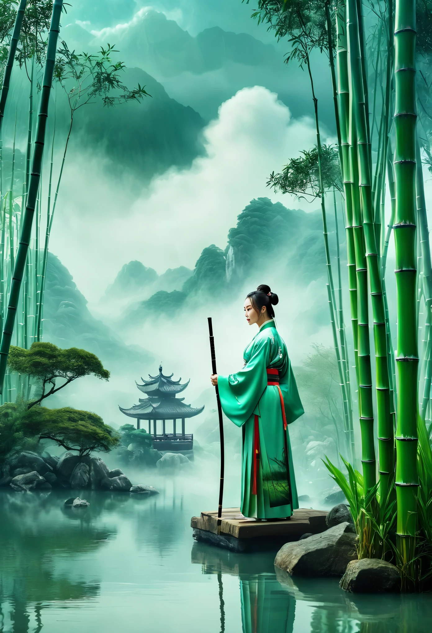 /I H entry screen, A woman in Hanfu stands among the bamboo groves, an epic fantasy scene with dark clouds in the sky and smoke effects, in the style of a Chinese ink painting depicting the martial arts world with cloud mist effects, like movie footage. background Miniature Landscape, Milk white transparent water, Brand design, Artistic decoration, Chinese Landscape Resin Work Table, Chinese Song Dynasty Landscape Painting,--ar 2:3 --quality 2 --style raw --sref 3345888893 --personalize --sw 700 --stylize 1000 --v 6.1