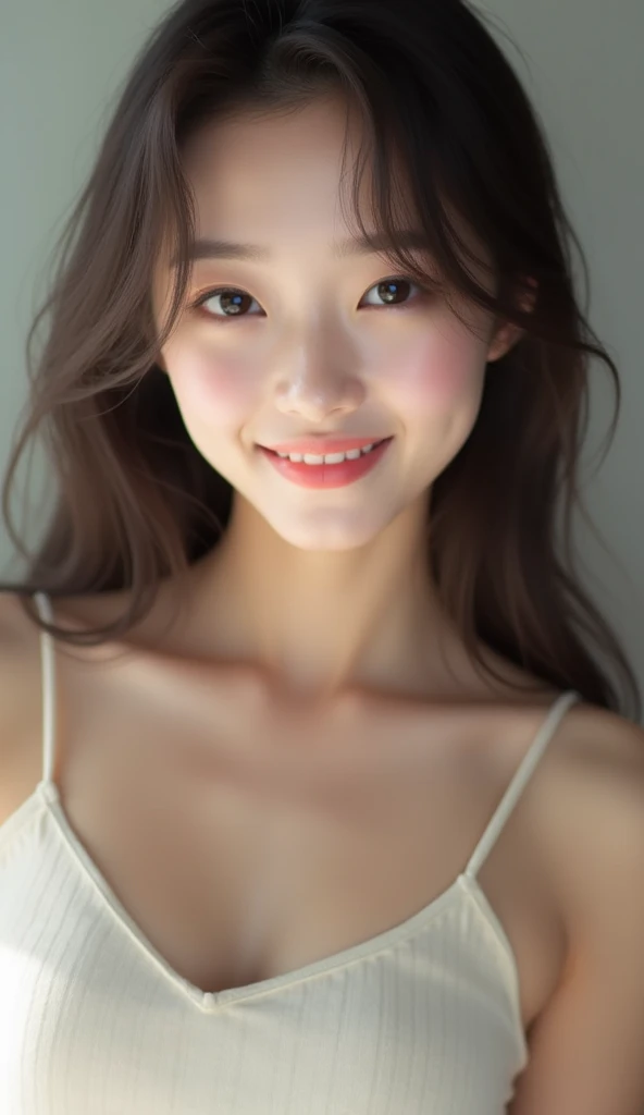 photograph, beautiful, Narrow Face, Slender body, 18-year-old, cute girl, Famous Japanese Idols, cute, Fair skin, Glowing Skin, thin jaw, smile, cute, young, Highly detailed nose, Highly detailed mouth, cute face, Realistic Face、Completely naked