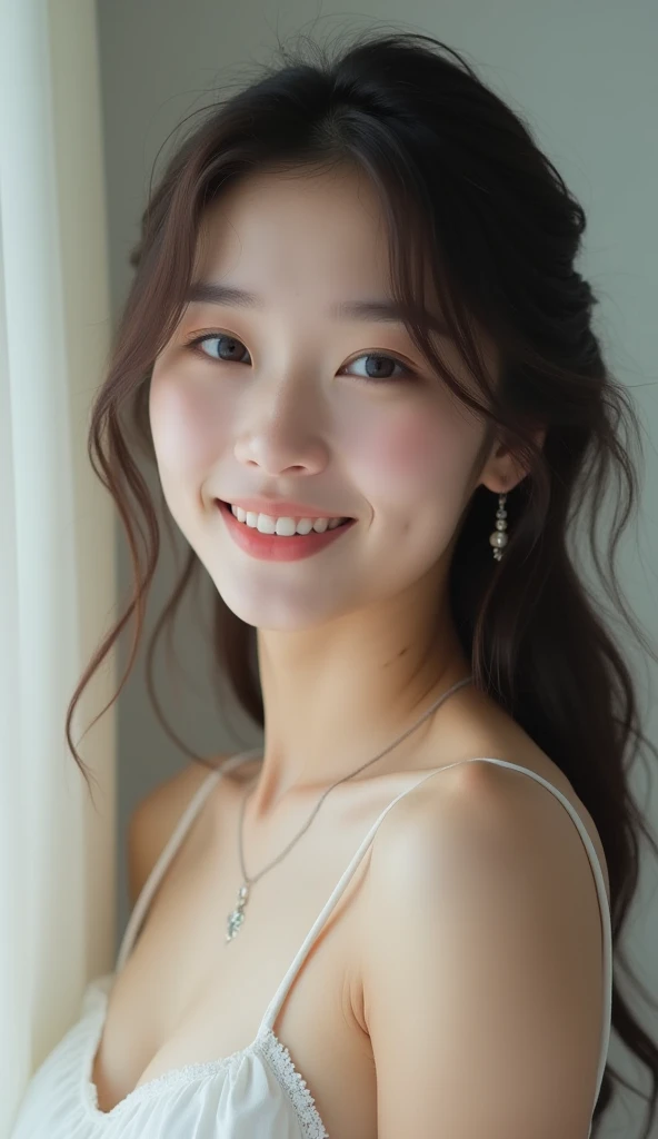 photograph, beautiful, Narrow Face, Slender body, 18-year-old, cute girl, Famous Japanese Idols, cute, Fair skin, Glowing Skin, thin jaw, smile, cute, young, Highly detailed nose, Highly detailed mouth, cute face, Realistic Face、Completely naked