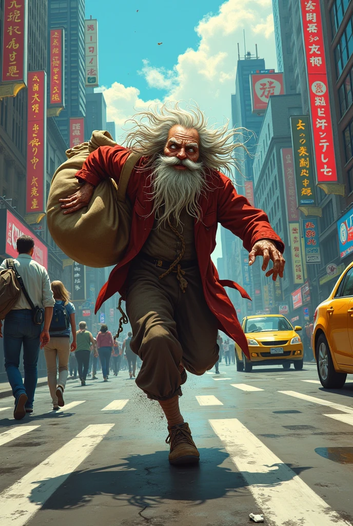 Draw a crazy old saint with a bag running in the city