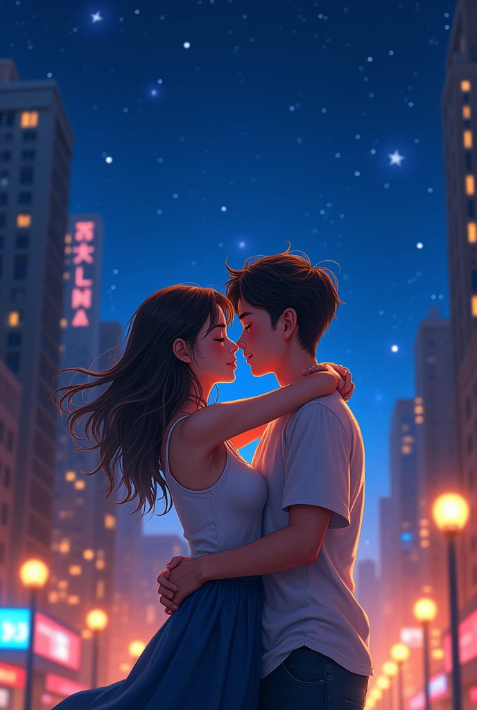 Girl and boy with night in city cuddle hug with kiss