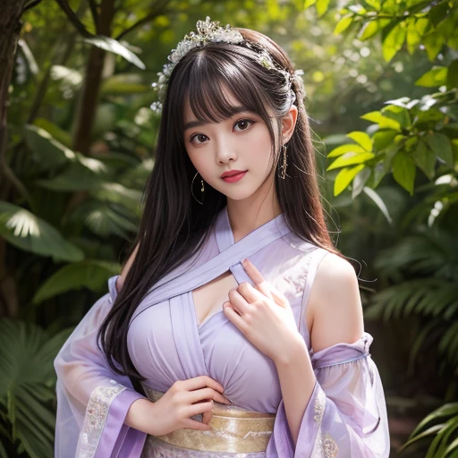 best quality, Delicate face，beautiful visual work, lifelike, eternity, black hair, Long curly hair, blunt bangs, Smile, Detailed Background, Delicate face，blush，cold，((masterpiece))、(top quality)、8k、high detail、Super detailed，31-year-old female，身穿唐制Hanfu、waist skirt, Clothes are light and fluffy，Hanfu, wide sleeves, Transparent sleeves, Long sleeve, Tunic, Clothes made of chiffon, masterpiece、born、Scenes resembling fairy tale illustrations、intricate details和複雜的設計、Beautifully、magic、capricious、 Beautifully、Dream aesthetics、「𝓡𝓸𝓶𝓪𝓷𝓽𝓲𝓬、ethereal、charming、fickle、magic」、realism、Visual effects、FXAA、SSAO、Shader、voiceless、ambient lighting、Tone mapping、High resolution、Ultra high quality、Million pixels、(8K resolution:1.10)、8k、8k以下、8K resolution、high detail、intricate details， (high quality:1.2、masterpiece:1.2、:1.21)、(31-year-old female:1.21)、(興奮地Smile)、(被dream般的氛圍所包圍、Model diagram，full-body shot，Normal 2 feet，Put your hands behind you，The protrusion of the breast is visible when wearing clothes, Large Breasts, H cup chest, antiquity, Xian Xia, gauze clothes, Soft and fluttering, Fairy, dream, fantasy, light, Elegant, nature, Immortal, romantic, classical, ribbon, light purple clothes，In the forest，tulle blouse