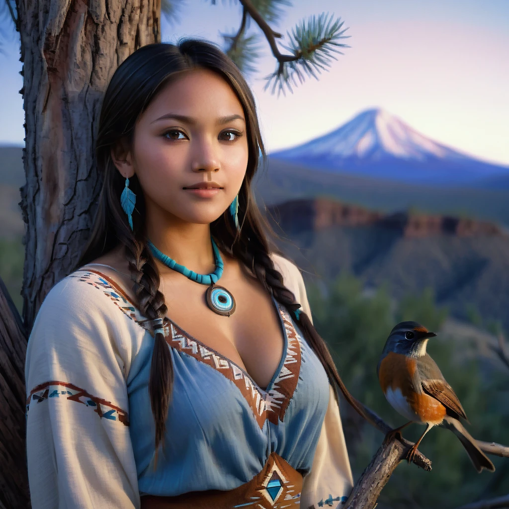 (grainy:0.5), cinematic, beautiful girls 25 year old native american,fantasy,(solo:1.3), detailed brown eyes, detailed face, detailed native american sexy clothing, volumetric lighting, dusk, extremely detailed background, standing next to tree and mountain, smiling, half closed brown eyes, tilted head, from side, sitting next to her American Robin