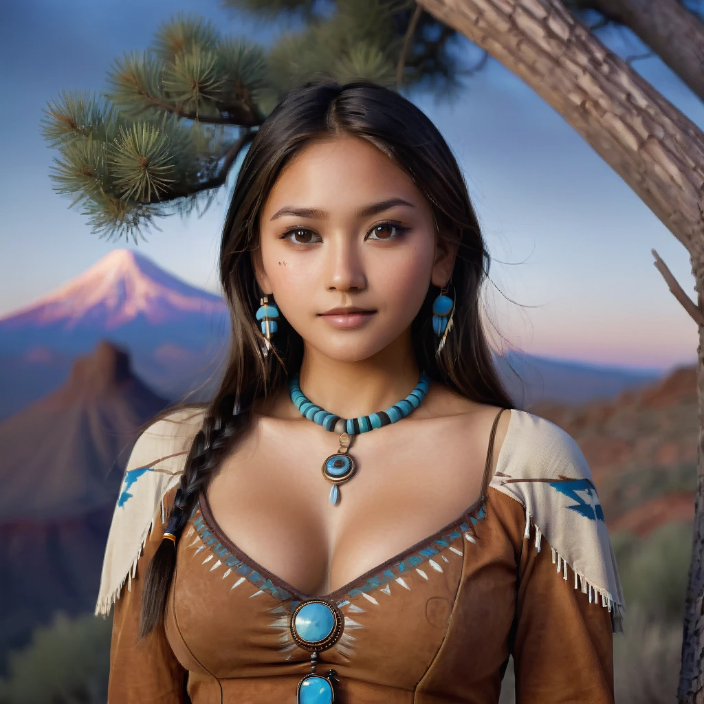 (grainy:0.5), cinematic, beautiful girls 25 year old native american,fantasy,(solo:1.3), detailed brown eyes, detailed face, detailed native american sexy clothing, volumetric lighting, dusk, extremely detailed background, standing next to tree and mountain, smiling, half closed brown eyes, tilted head, from side, sitting next to her American Robin