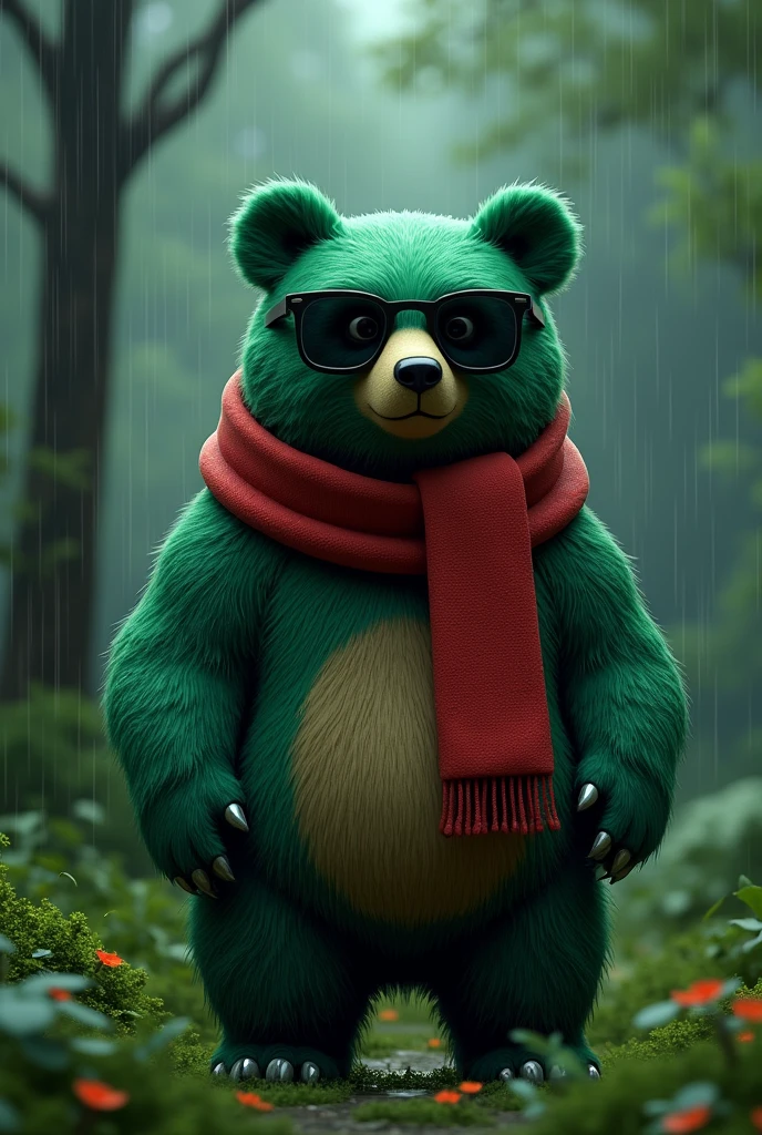 A green bear wearing pitch-black glasses in a forest in the evening when it is raining It was big and it wore a red scarf 3D.
