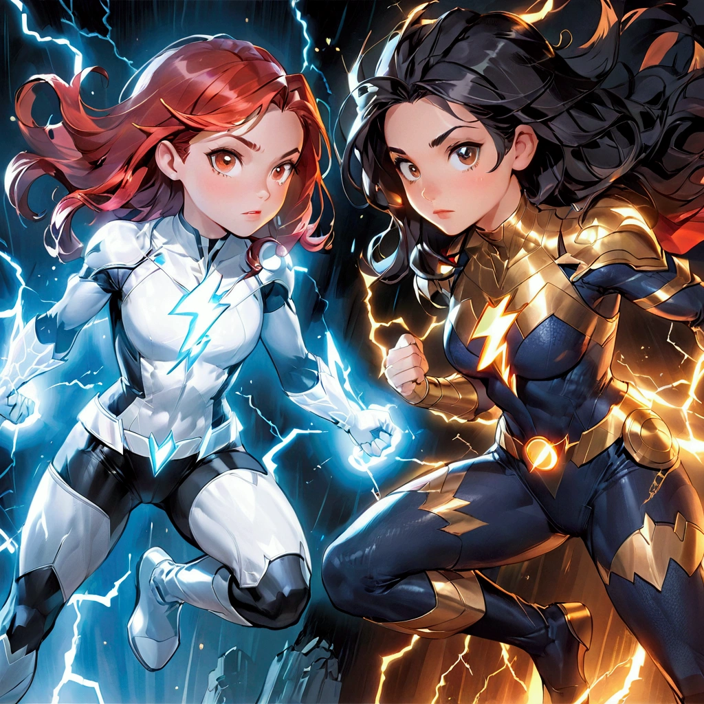 two female superheros in front of a lightning background, artgerm and lois van baarle, textless, jen bartel, lois van baarle and rossdraws, zenescope, next gen, in style of marvel and dc, by Ric Nagualero, by Eddie Mendoza, starfire, as illustrated in top cow comics