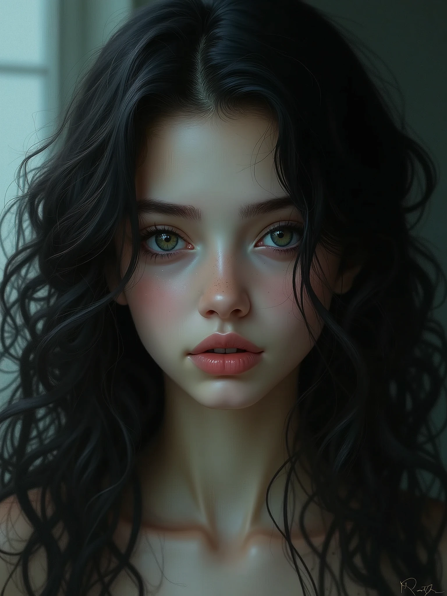 girl with black curly hair,beautiful ,has demon gaze.masterpiece