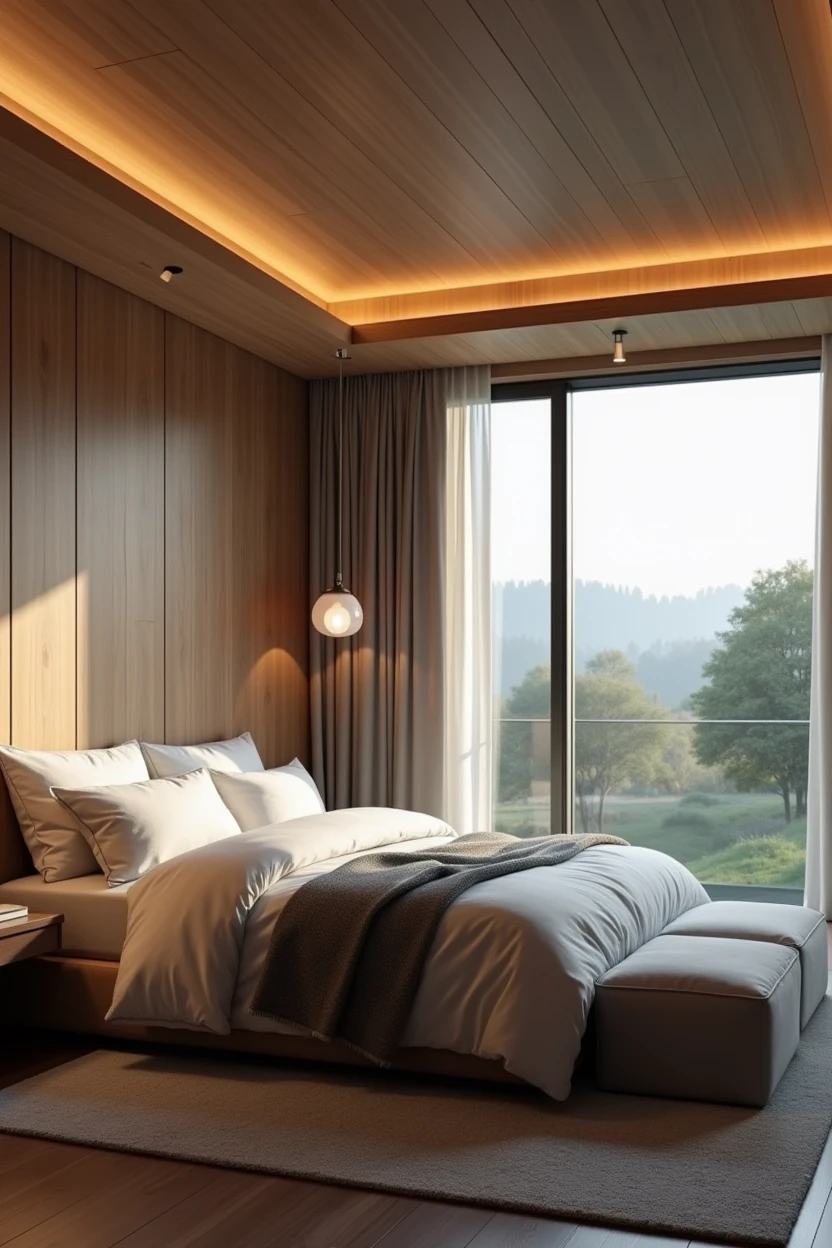 master piece bedroom, cozy, aesthetically pleasing, wooden theme, well organised room, perfect window view, hyper realistic, fhd 4k+