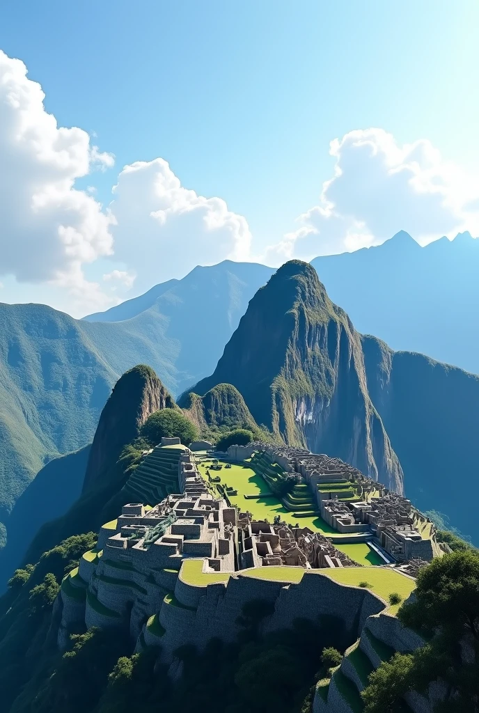 Generate a sky background with a Machu Picchu background in a light blue color scale